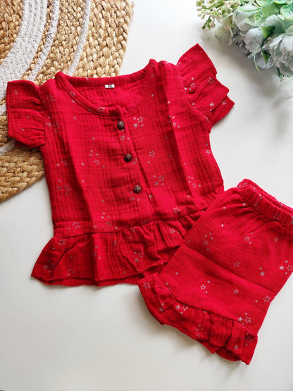 Muslin Frill Co Ord Set - Red Star