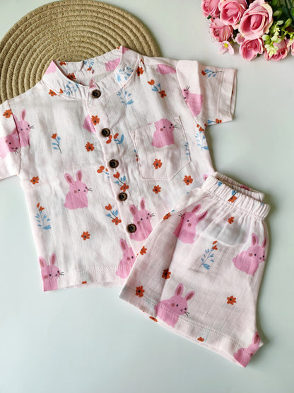 Muslin Collared Co Ord Set - Pink Bunny