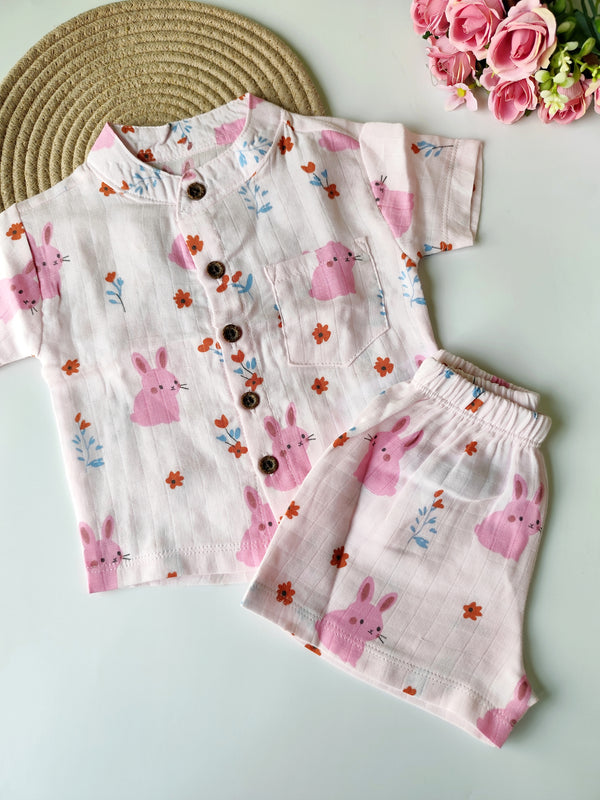 Muslin Collared Co Ord Set - Pink Bunny