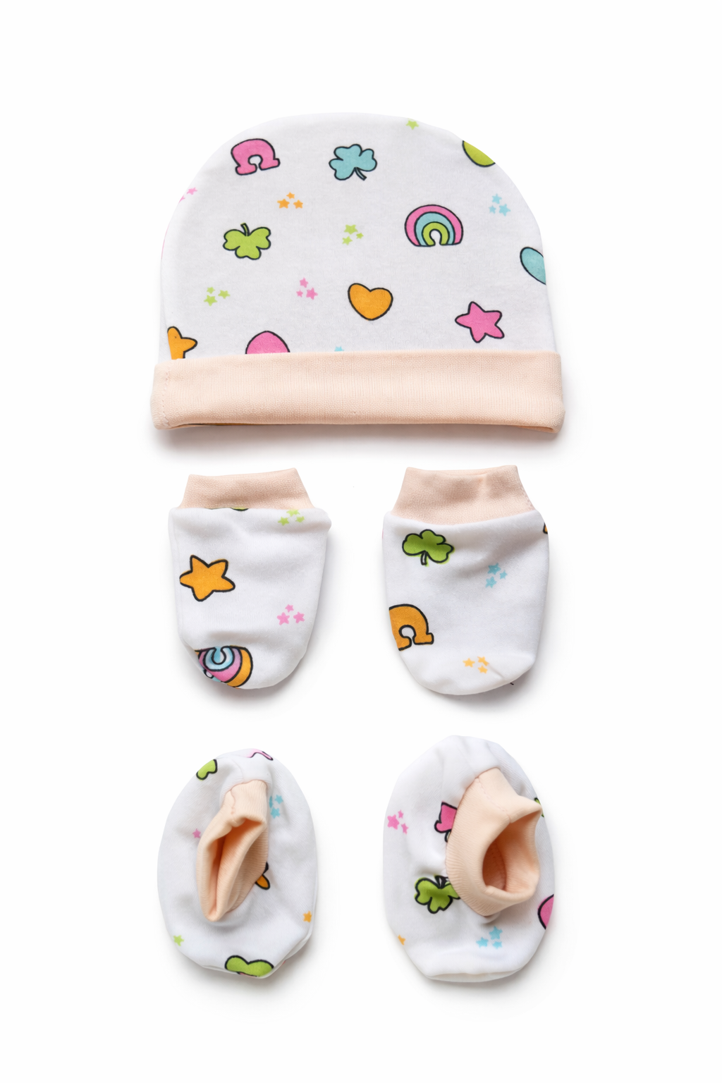 Cotton Cap, Mittens & Booties - Peach