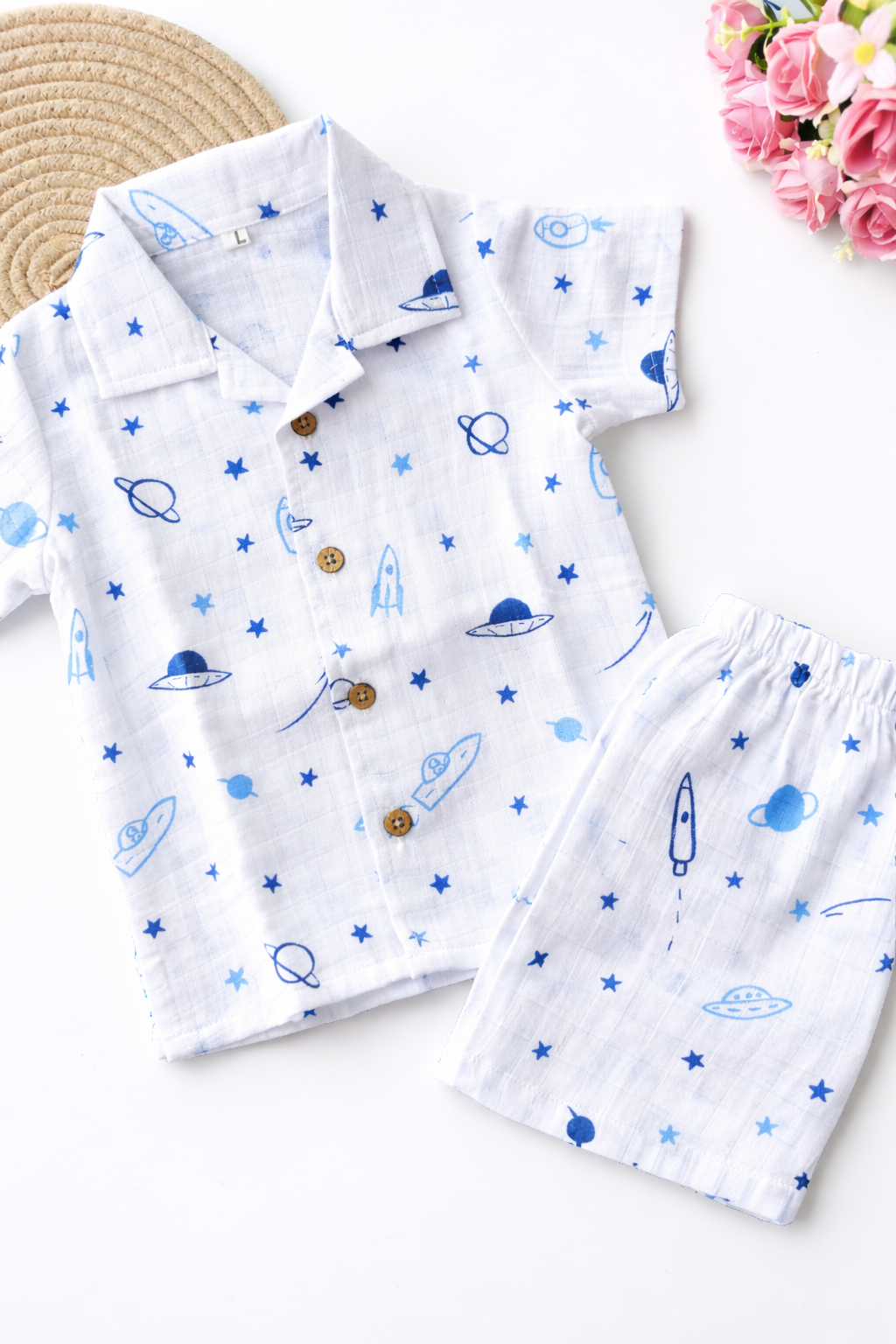 Muslin Cuban Collared Co Ord Set - Blue Space