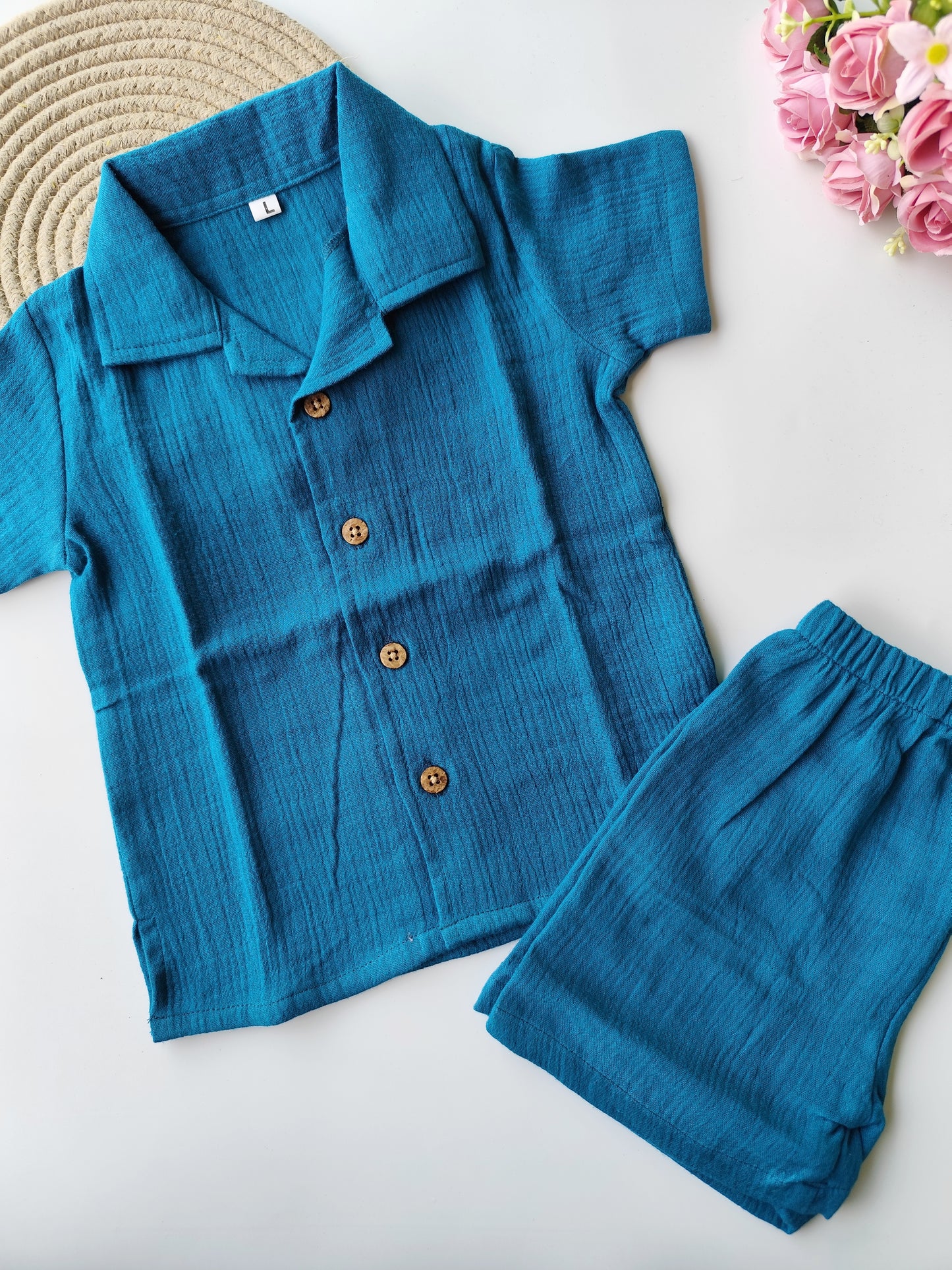 Muslin Cuban Collared Co Ord Set - Teal Blue