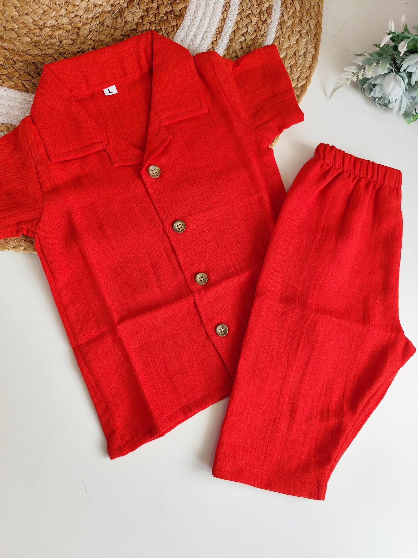Muslin Cuban Collared Co Ord Sets - Red Solid