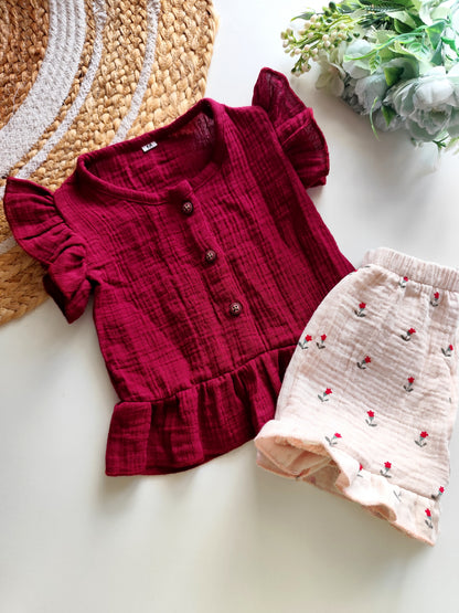 Muslin Frill Co Ord Set - Maroon