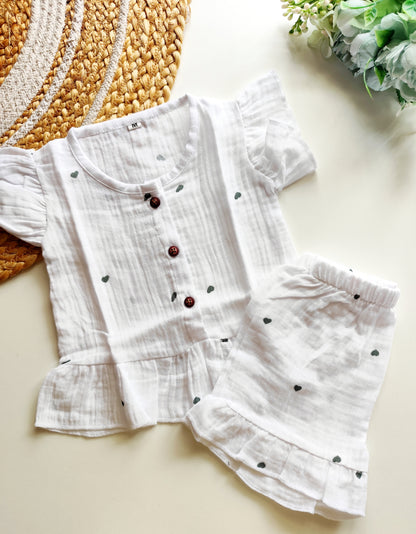 Muslin Frill Co Ord Set - Green Hearts