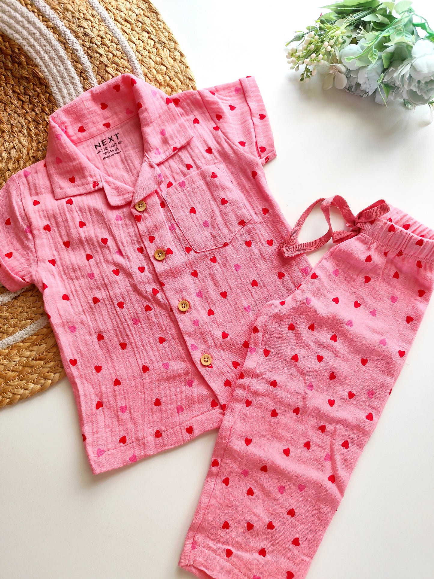 Muslin Cuban Collared Co Ord Set - Pink Heart