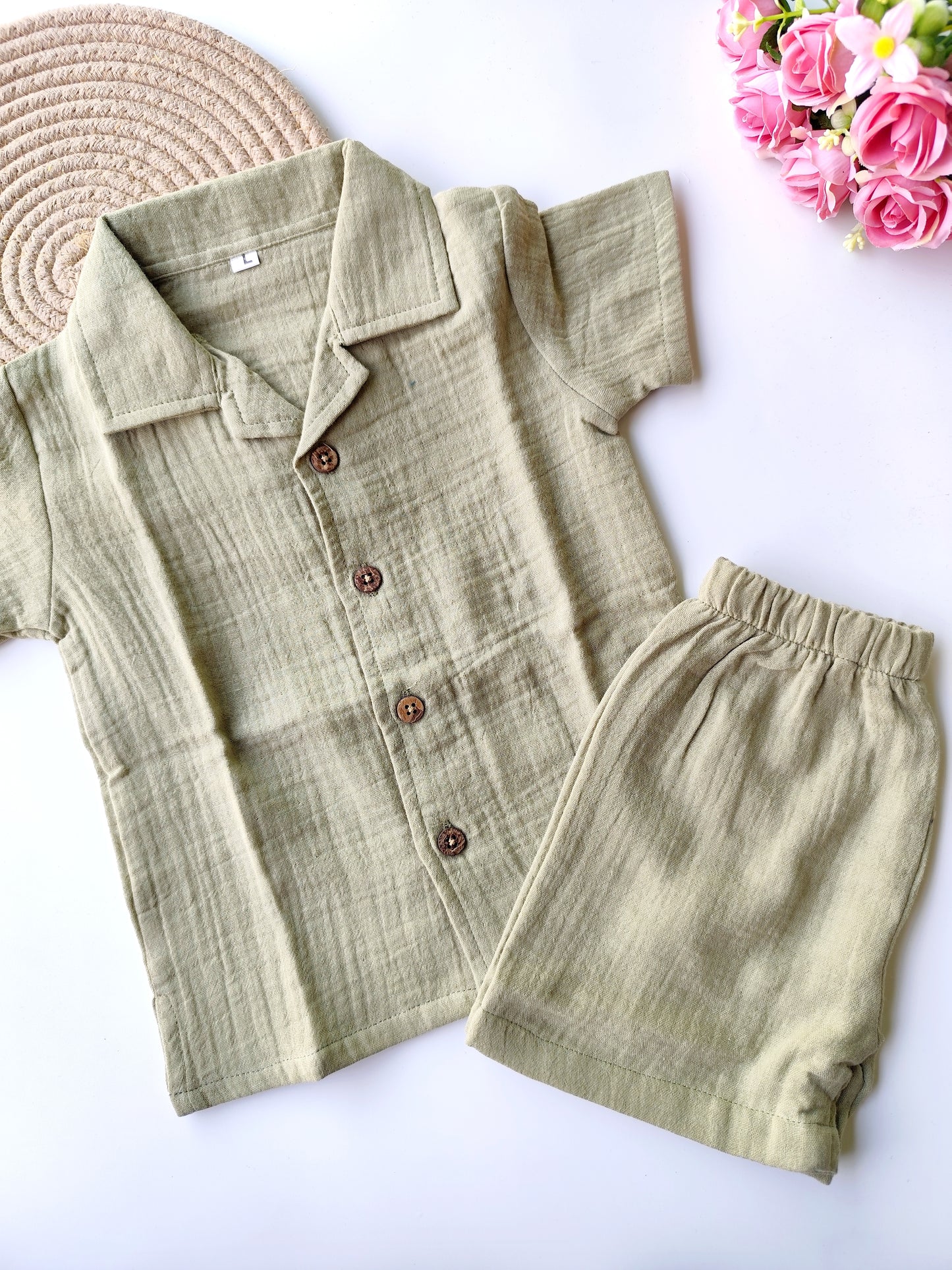 Muslin Cuban Collared Co Ord Set - Sage Green