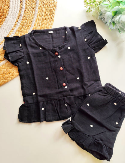 Muslin Frill Co Ord Set - Black White Hearts