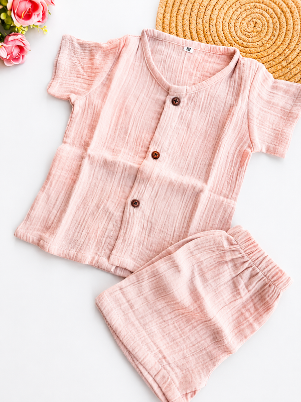 Muslin Half Sleeve Co Ord Set - Blush Pink