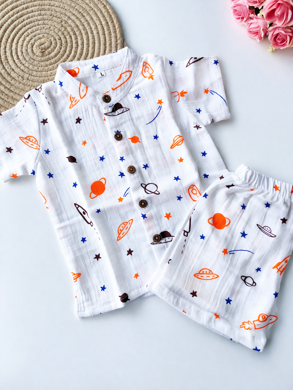 Muslin Mandarin Collared Co Ord Set - Orange Space