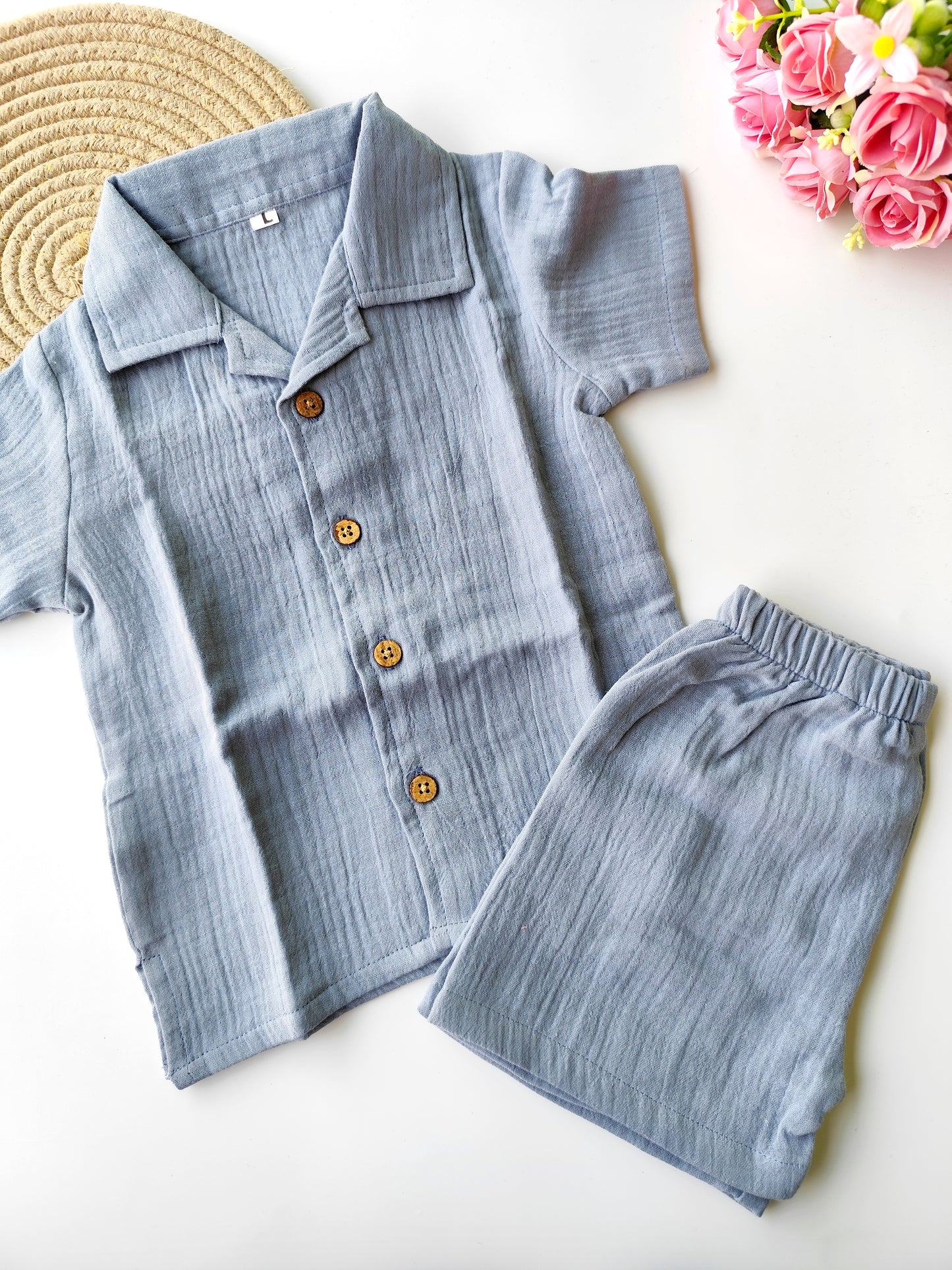 Muslin Cuban Collared Co Ord Set - Grey