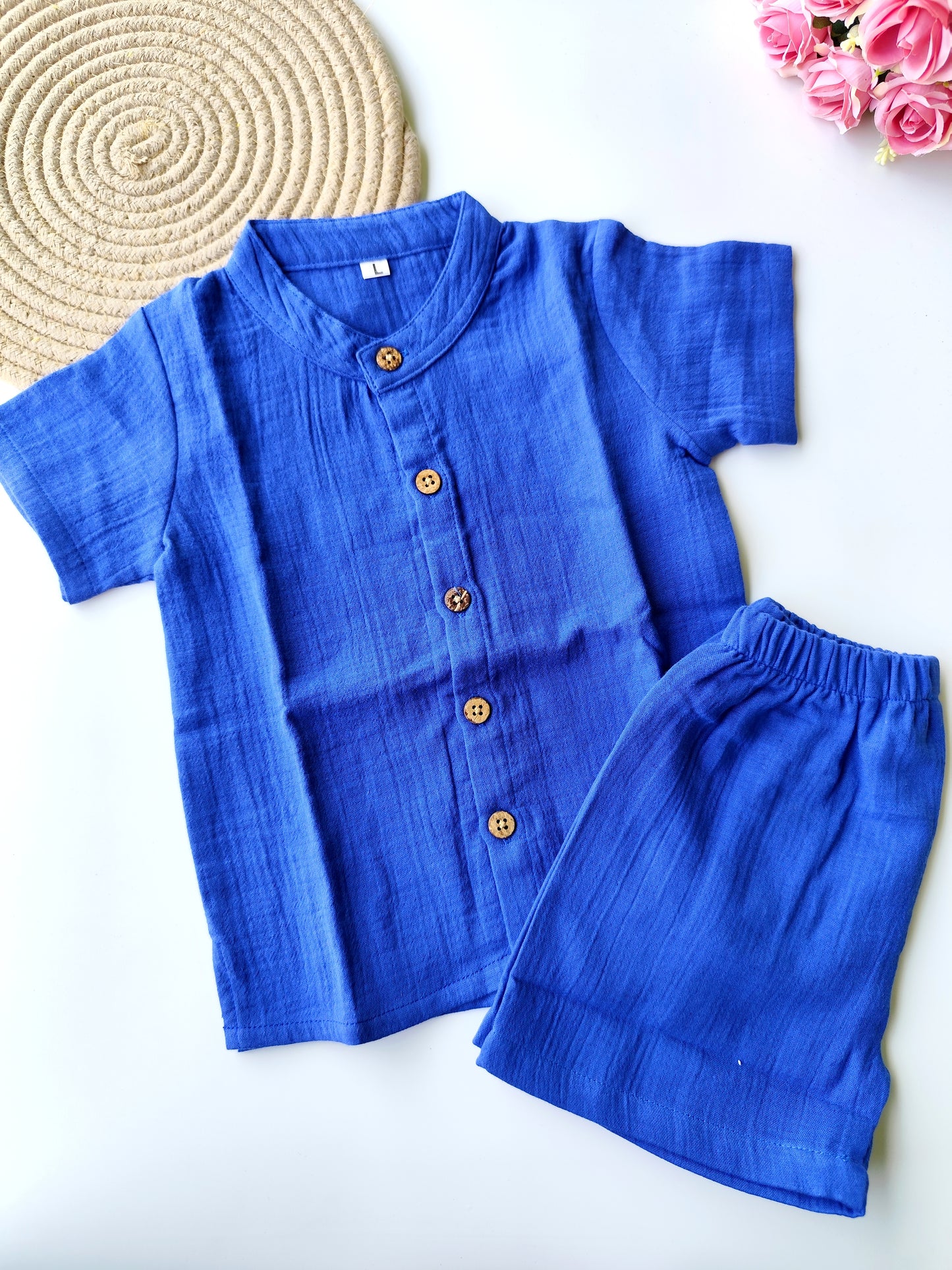 Muslin Mandarin Collared Co Ord Set - Pepsi Blue