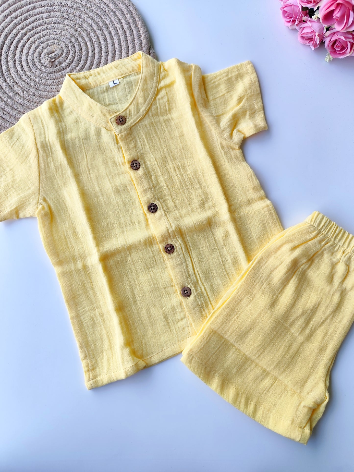 Muslin Mandarin Collared Co Ord Set - Yellow