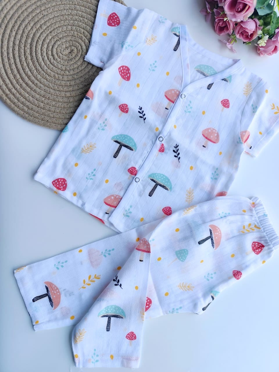 Muslin Half Sleeves Pant Set - Mushroom