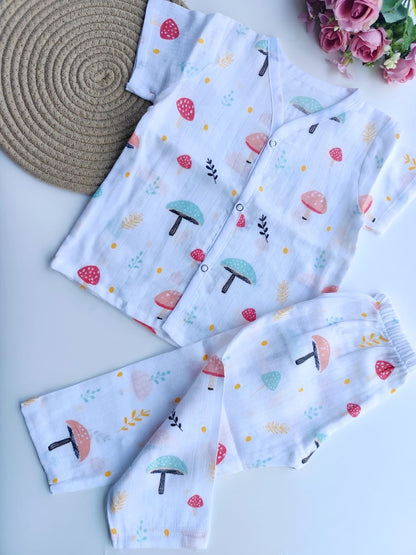 Muslin Half Sleeves Pant Set - Mushroom