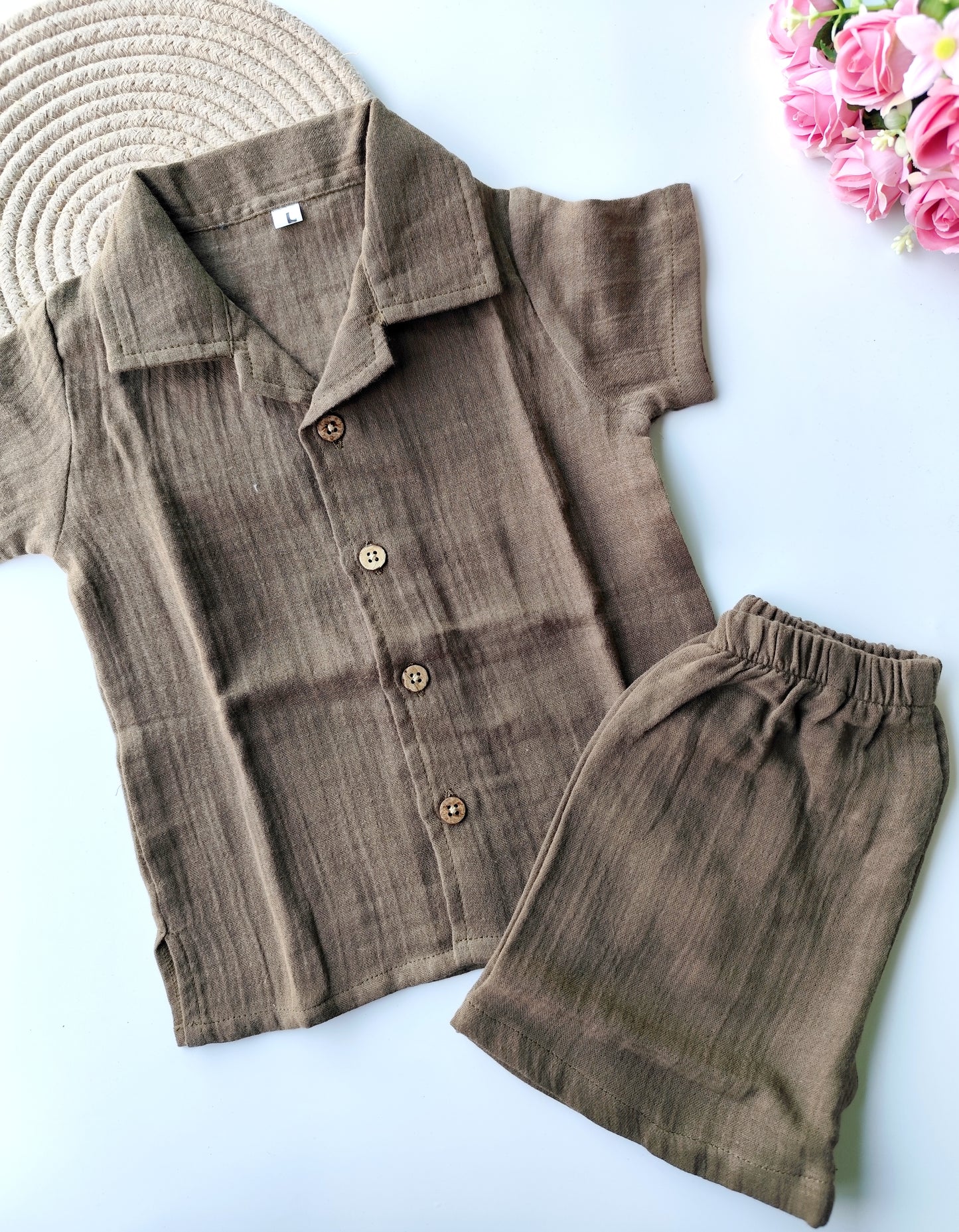 Muslin Cuban Collared Co Ord Set - Green