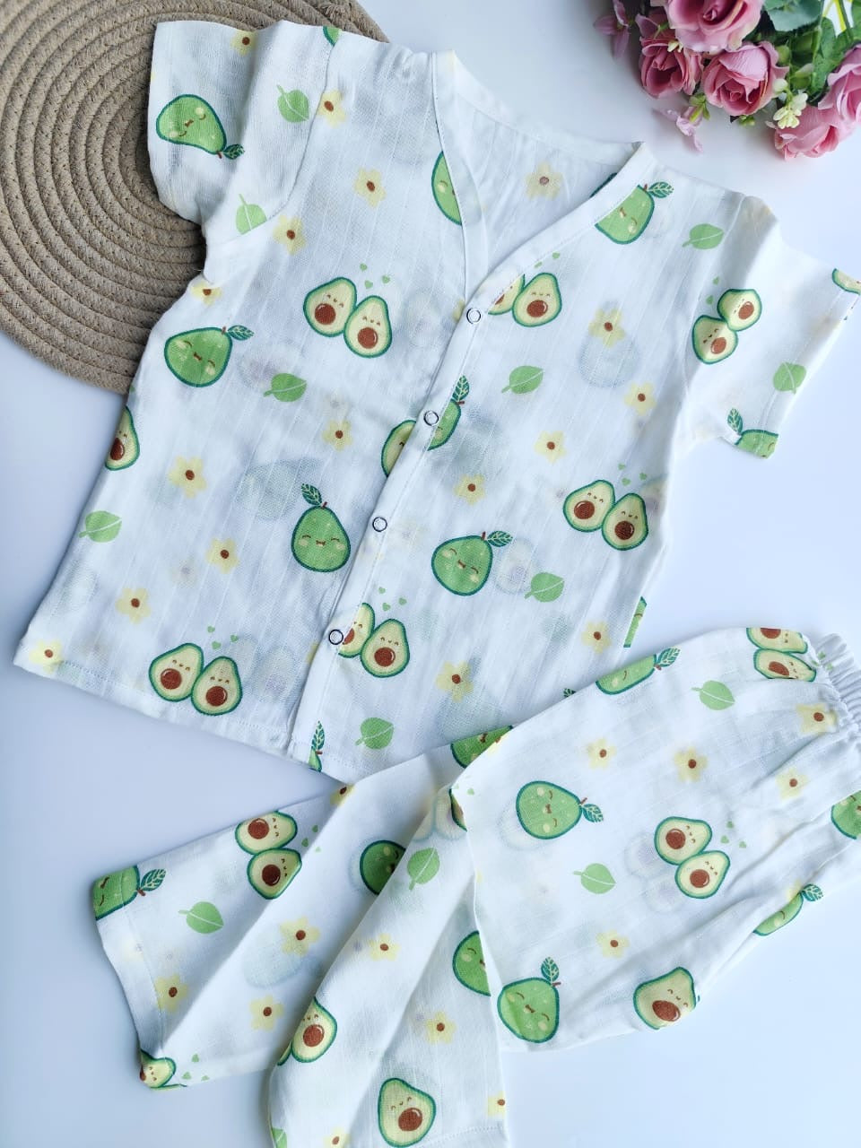 Muslin Half Sleeves Pant Set - Avocado