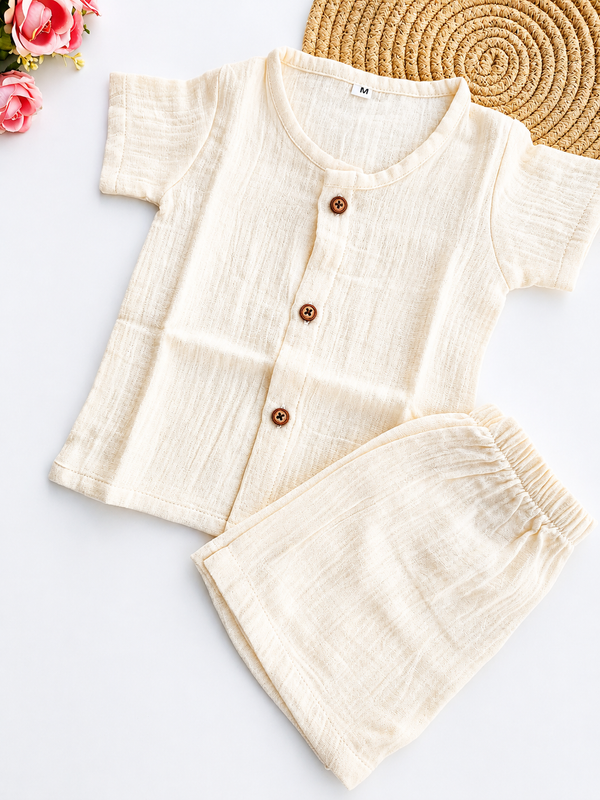 Muslin Half Sleeve Co Ord Set - Creamy Sandal
