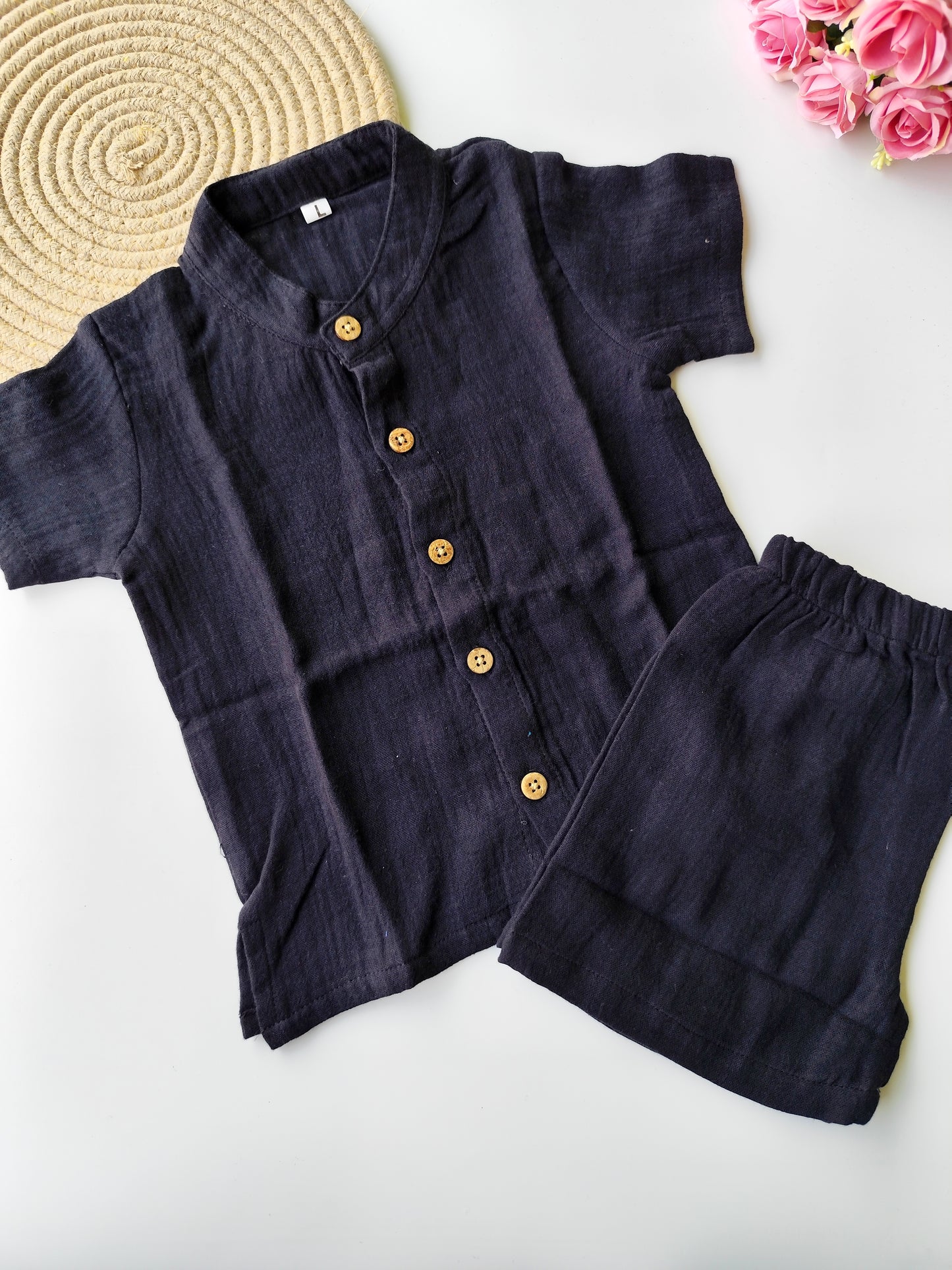 Muslin Mandarin Collared Co Ord Set - Black