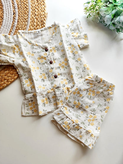 Muslin Frill Co Ord Set - White Daisy Garden