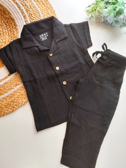 Muslin Cuban Collared Co Ord Set - Black