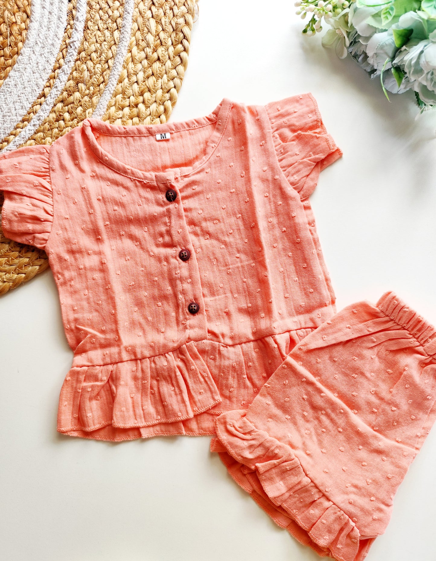 Muslin Frill Co Ord Set - Textured Peach