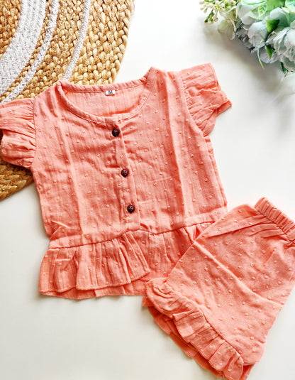 Muslin Frill Co Ord Set - Textured Peach