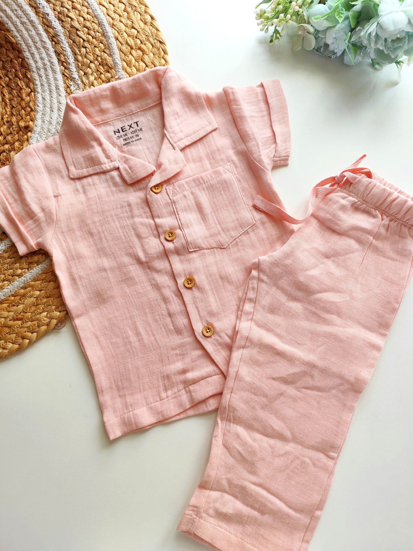 Muslin Cuban Collared Co Ord Set - Blush Pink