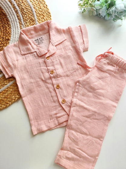 Muslin Cuban Collared Co Ord Set - Blush Pink