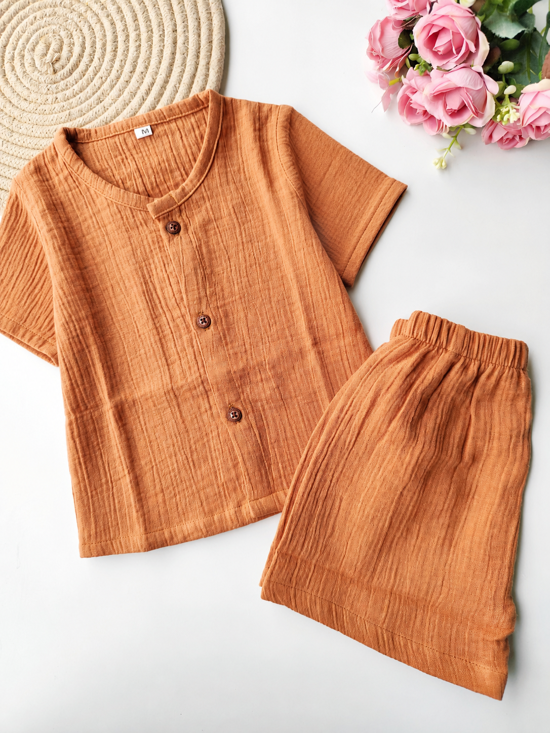 Muslin Half Sleeve Co Ord Set - Rust Brown