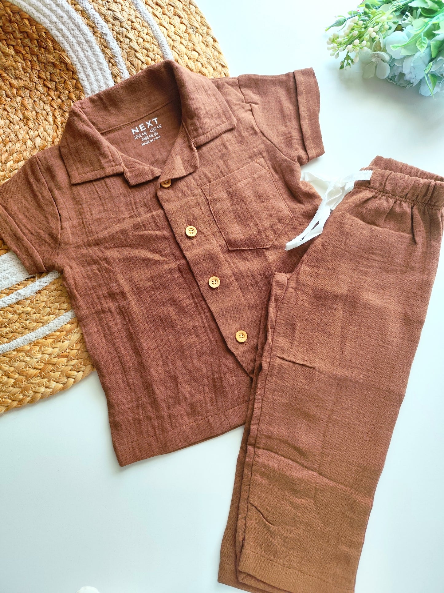 Muslin Cuban Collared Co Ord Set - Brown