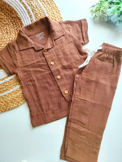 Muslin Cuban Collared Co Ord Set - Brown