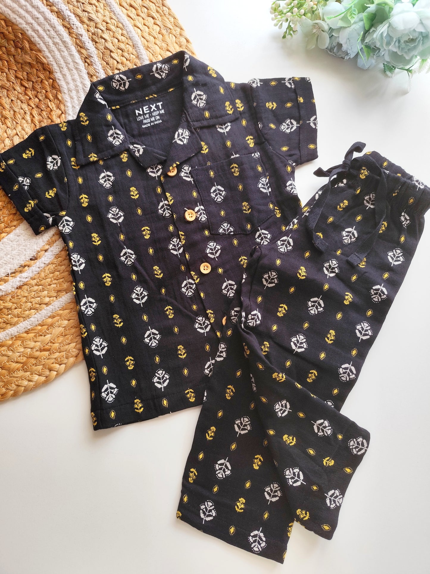 Muslin Cuban Collared Co Ord Set - Black Motif
