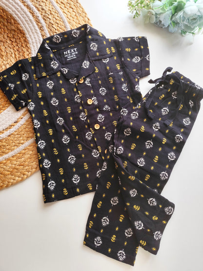 Muslin Cuban Collared Co Ord Set - Black Motif