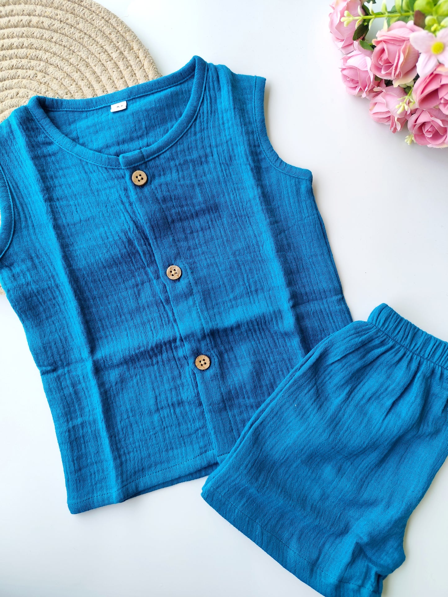 Muslin Sleeveless Co Ord - Teal Blue
