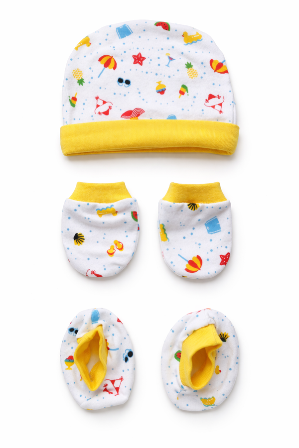 Cotton Cap, Mittens & Booties- Yellow