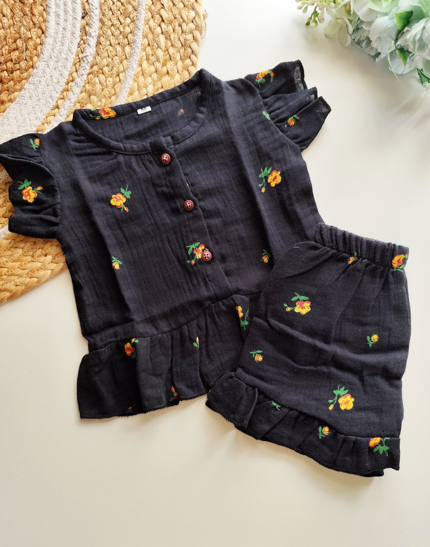 Muslin Frill Co Ord Set - Black Yellow Marigold