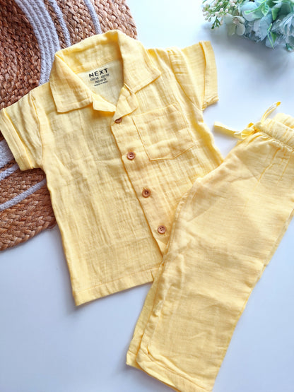 Muslin Cuban Collared Co Ord Set - Yellow