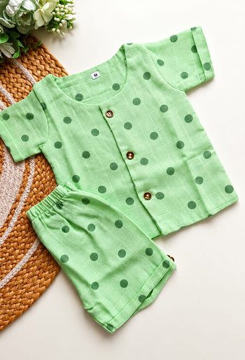 Double Layered Muslin Co ord- Mint Green Polka Dot
