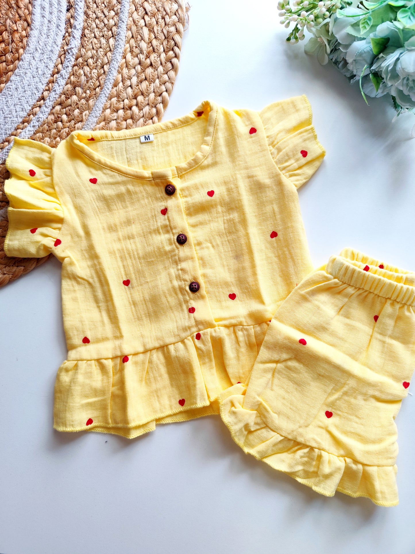 Muslin Frill Co Ord Set - Yellow Hearts